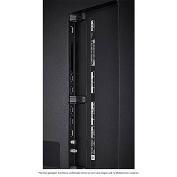 Detaillierte Nahaufnahme der seitlichen Anschlüsse des LG QNED87 AI 4K Smart Fernsehers, zeigt HDMI (eARC), USB und Antenneneingänge.