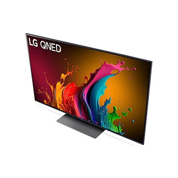 Ansicht des LG QNED87 AI 4K Smart Fernsehers aus hoher Perspektive, von oben auf Bildschirm und Standfuß blickend.