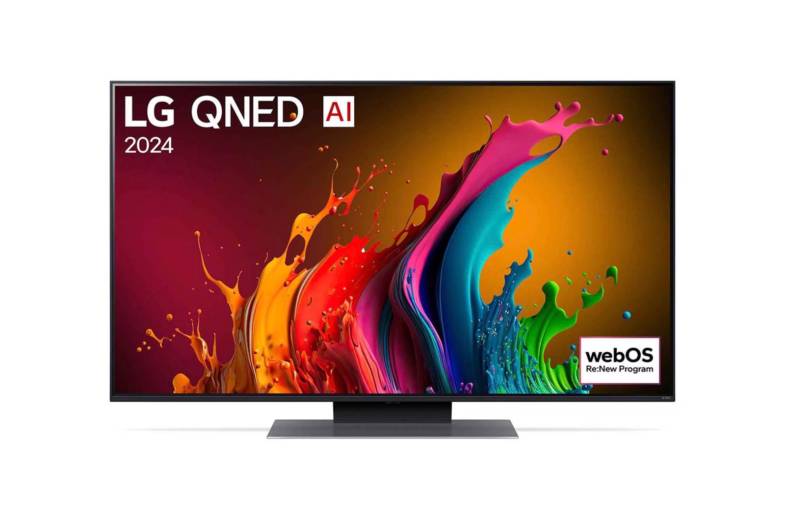 Vorderansicht des LG QNED87 AI 4K Smart Fernsehers (Modell 2024) mit lebendiger abstrakter Kunst und webOS Re:New Program-Logo.