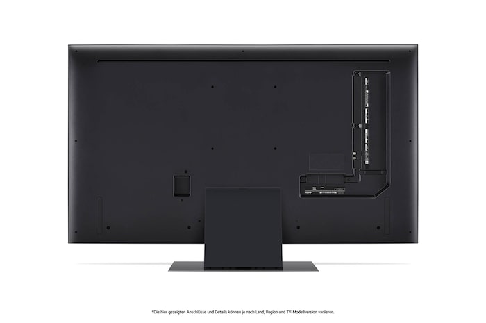 Rückansicht des LG QNED87 AI 4K Smart Fernsehers, zeigt das Design der Rückseite, die Standfußstruktur und den Bereich der Anschlüsse.