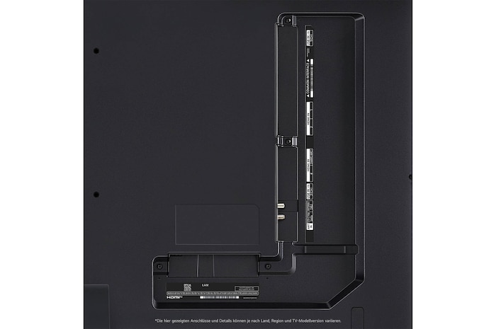 Nahaufnahme der Anschlüsse des LG QNED87 AI 4K Smart Fernsehers, einschließlich HDMI, USB, Antenne, CI-Slot und LAN.