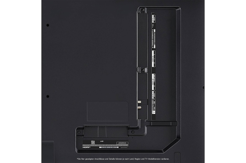Nahaufnahme der Anschlüsse des LG QNED87 AI 4K Smart Fernsehers, einschließlich HDMI, USB, Antenne, CI-Slot und LAN.