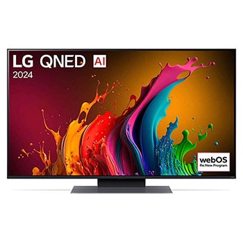 Vorderansicht des LG QNED87 AI 4K Smart Fernsehers (Modell 2024) mit lebendiger abstrakter Kunst und webOS Re:New Program-Logo.