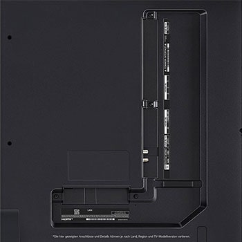 Nahaufnahme der Anschlüsse des LG QNED87 AI 4K Smart Fernsehers, einschließlich HDMI, USB, Antenne, CI-Slot und LAN.