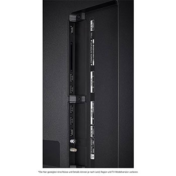 Detaillierte Nahaufnahme der seitlichen Anschlüsse des LG QNED87 AI 4K Smart Fernsehers, zeigt HDMI (eARC), USB und Antenneneingänge.