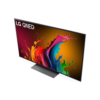 Ansicht des LG QNED87 AI 4K Smart Fernsehers aus hoher Perspektive, von oben auf Bildschirm und Standfuß blickend.