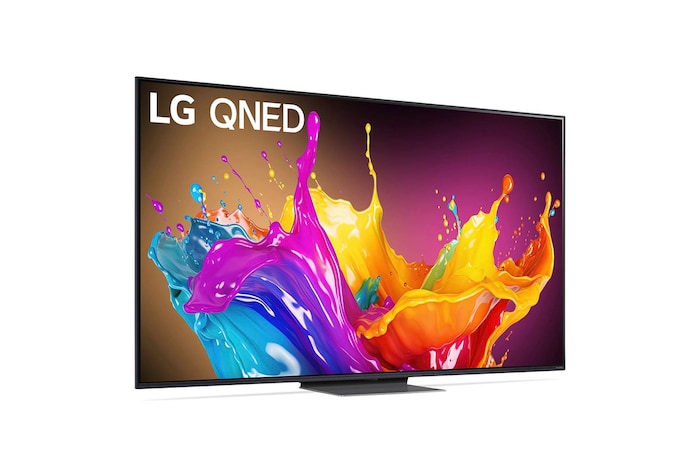 LG QNED86 AI 4K Smart Fernseher aus einer vorderen linken Perspektive, zeigt den Bildschirm mit lebendiger abstrakter Kunst.