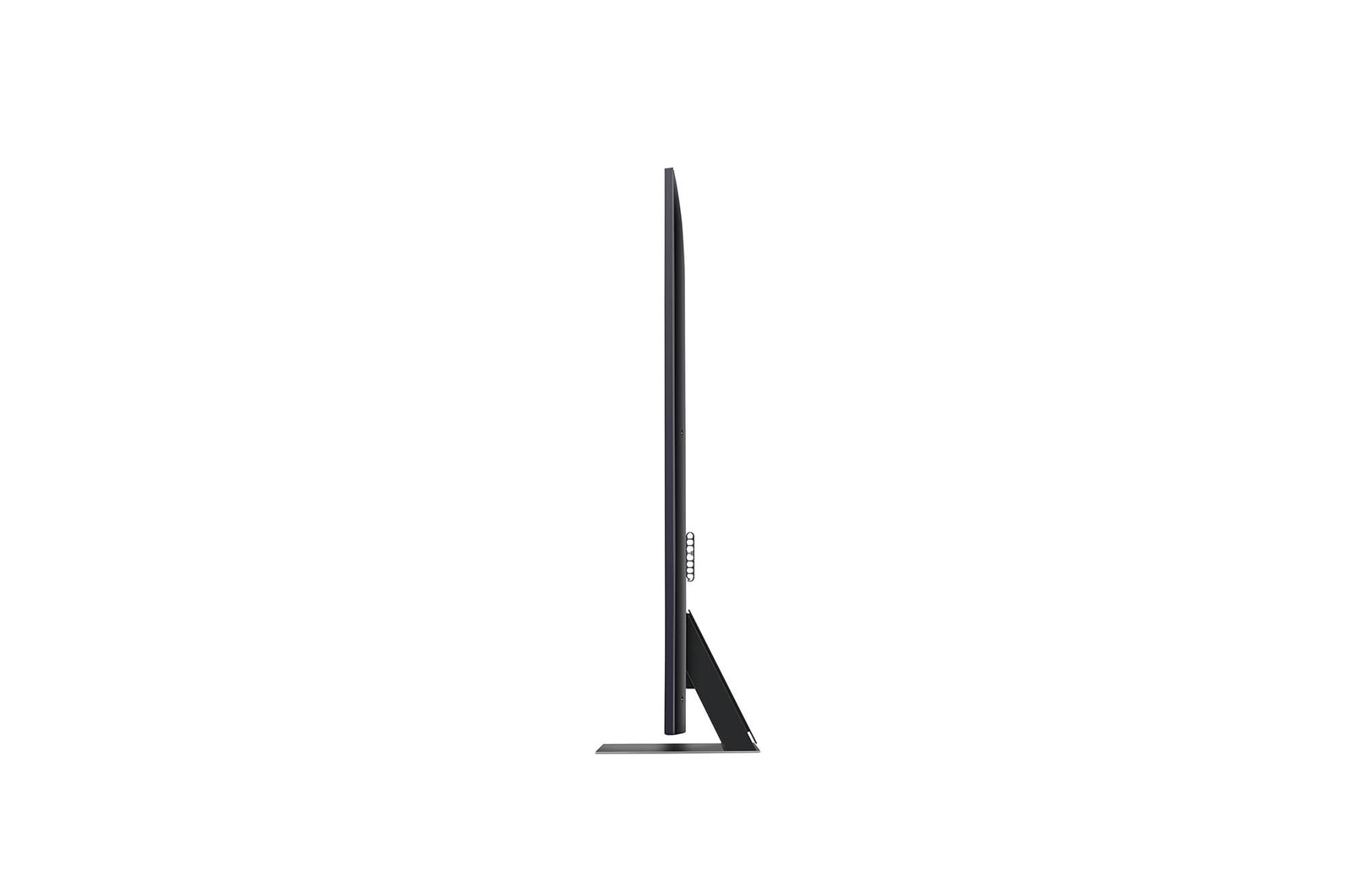 Seitenprofilansicht des LG QNED86 AI 4K Smart Fernsehers, die sein schlankes Design und die Form des Standfußes hervorhebt.