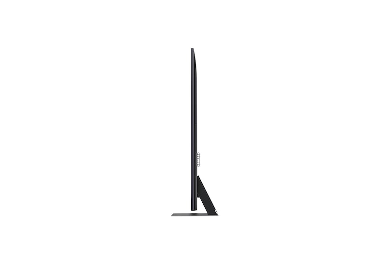 Seitenprofilansicht des LG QNED86 AI 4K Smart Fernsehers, die sein schlankes Design und die Form des Standfußes hervorhebt.