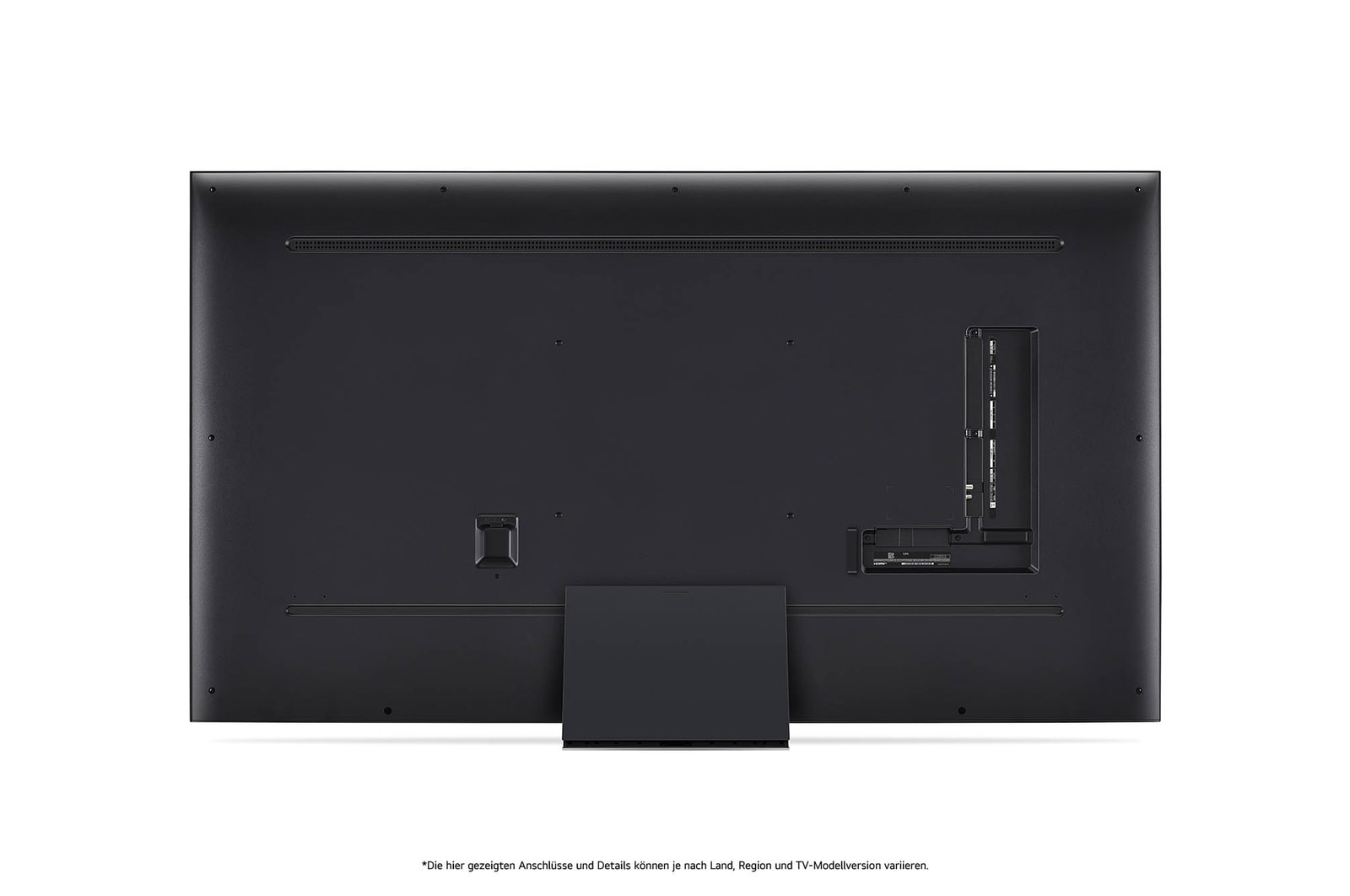Rückansicht des LG QNED86 AI 4K Smart Fernsehers, zeigt das Design der Rückseite, die Standfußstruktur und den Bereich der Anschlüsse.