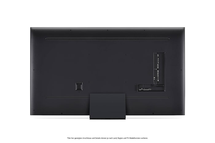 Rückansicht des LG QNED86 AI 4K Smart Fernsehers, zeigt das Design der Rückseite, die Standfußstruktur und den Bereich der Anschlüsse.