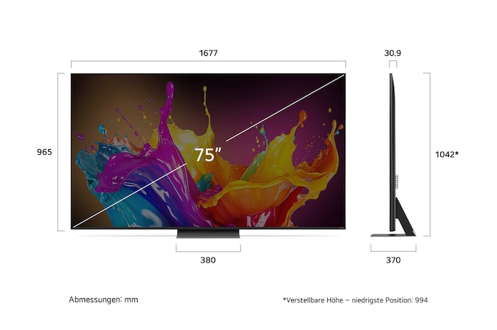 Abmessungen des 75-Zoll LG QNED86 AI 4K Smart Fernsehers, zeigt Breite, Höhe, Tiefe und Standfußmaße in mm.
