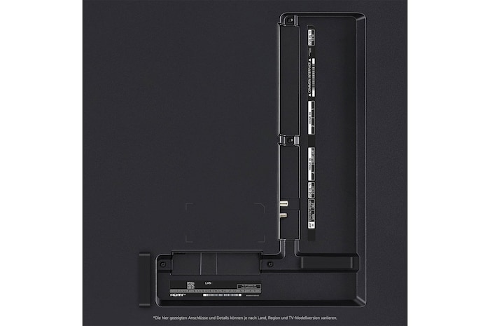 Nahaufnahme der Anschlüsse des LG QNED86 AI 4K Smart Fernsehers, einschließlich HDMI, USB, Antenne, CI-Slot und LAN.