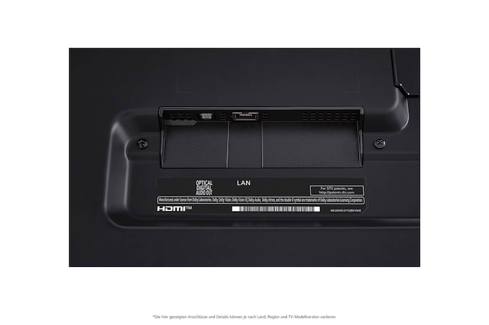 Nahaufnahme des optischen digitalen Audioausgangs und des LAN-Anschlusses auf der Rückseite des LG QNED86 AI 4K Smart Fernsehers.