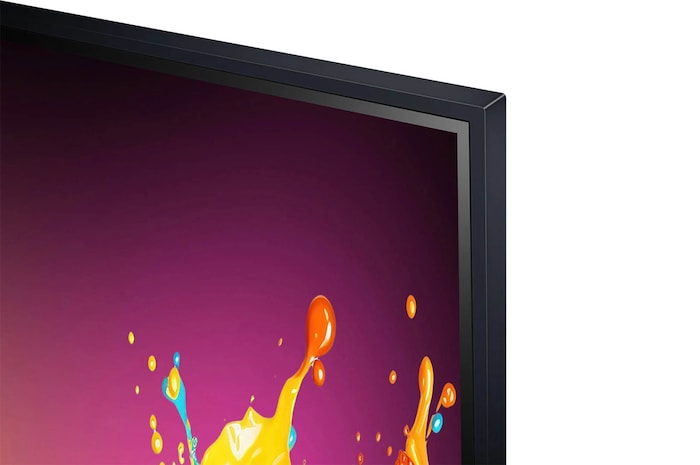 Nahaufnahme des schmalen Rahmens und des Designs der oberen rechten Ecke des LG QNED86 AI 4K Smart Fernsehers.
