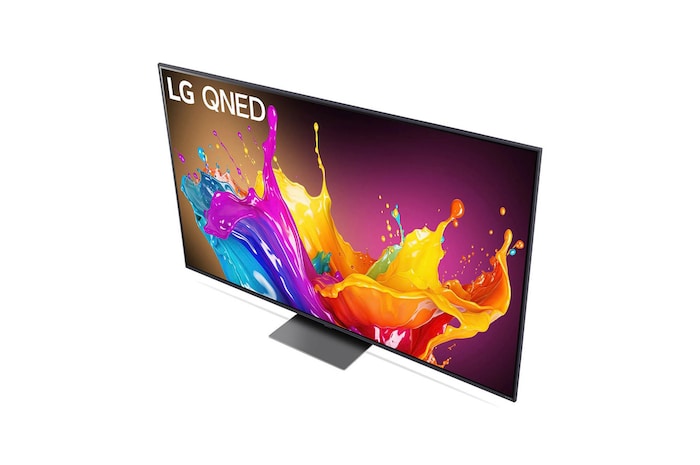 Ansicht des LG QNED86 AI 4K Smart Fernsehers aus hoher Perspektive, von oben auf Bildschirm und Standfuß blickend.