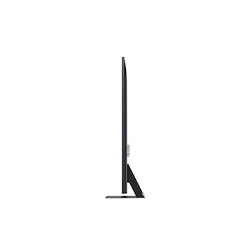 Seitenprofilansicht des LG QNED86 AI 4K Smart Fernsehers, die sein schlankes Design und die Form des Standfußes hervorhebt.