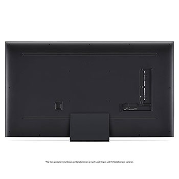 Rückansicht des LG QNED86 AI 4K Smart Fernsehers, zeigt das Design der Rückseite, die Standfußstruktur und den Bereich der Anschlüsse.