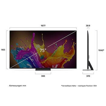 Abmessungen des 75-Zoll LG QNED86 AI 4K Smart Fernsehers, zeigt Breite, Höhe, Tiefe und Standfußmaße in mm.