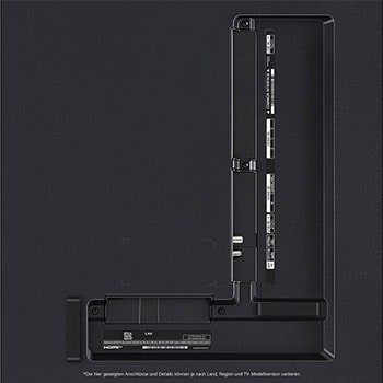 Nahaufnahme der Anschlüsse des LG QNED86 AI 4K Smart Fernsehers, einschließlich HDMI, USB, Antenne, CI-Slot und LAN.