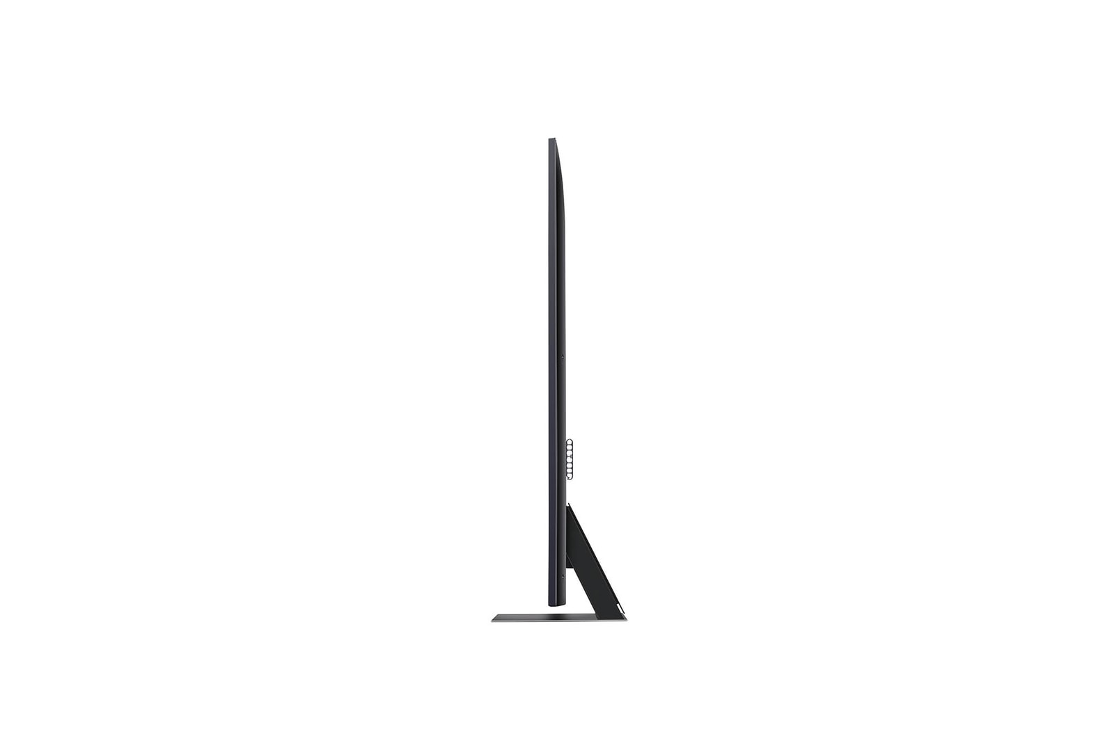 Seitenprofilansicht des LG QNED86 AI 4K Smart Fernsehers, die sein schlankes Design und die Form des Standfußes hervorhebt.