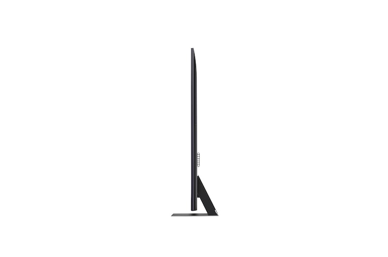 Seitenprofilansicht des LG QNED86 AI 4K Smart Fernsehers, die sein schlankes Design und die Form des Standfußes hervorhebt.
