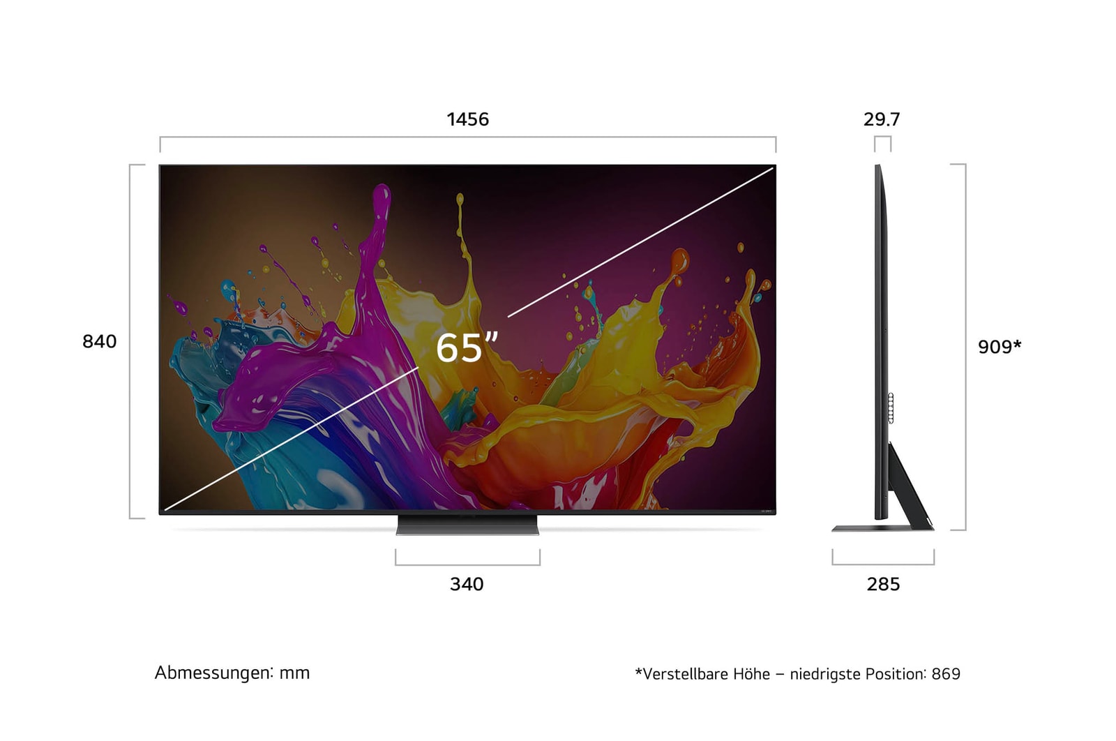 Abmessungen des 65-Zoll LG QNED86 AI 4K Smart Fernsehers, zeigt Breite, Höhe, Tiefe und Standfußmaße in mm.