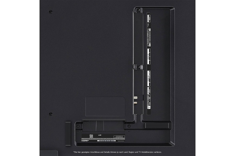 Nahaufnahme der Anschlüsse des LG QNED86 AI 4K Smart Fernsehers, einschließlich HDMI, USB, Antenne, CI-Slot und LAN.