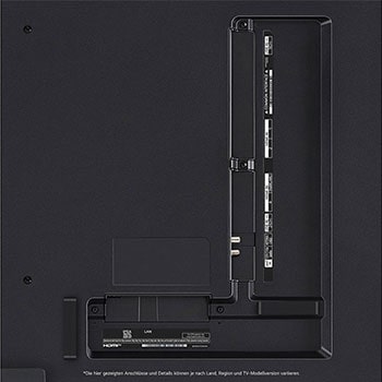 Nahaufnahme der Anschlüsse des LG QNED86 AI 4K Smart Fernsehers, einschließlich HDMI, USB, Antenne, CI-Slot und LAN.