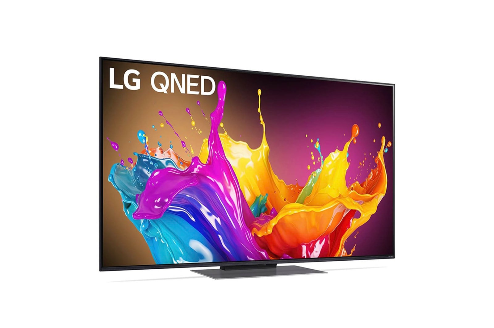 LG QNED86 AI 4K Smart Fernseher aus einer vorderen linken Perspektive, zeigt den Bildschirm mit lebendiger abstrakter Kunst.
