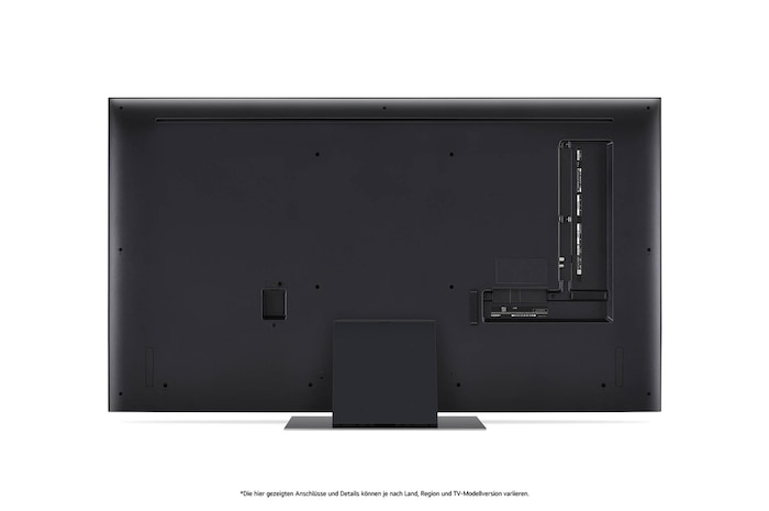 Rückansicht des LG QNED86 AI 4K Smart Fernsehers, zeigt das Design der Rückseite, die Standfußstruktur und den Bereich der Anschlüsse.
