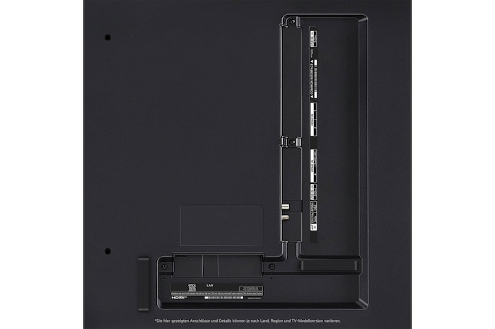Nahaufnahme der Anschlüsse des LG QNED86 AI 4K Smart Fernsehers, einschließlich HDMI, USB, Antenne, CI-Slot und LAN.