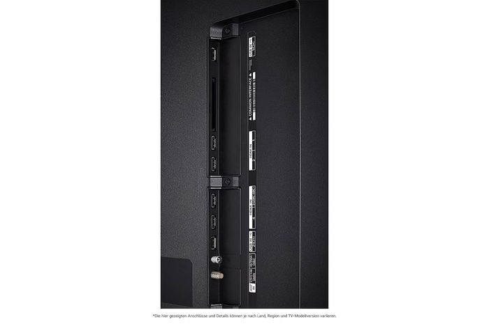 Detaillierte Nahaufnahme der seitlichen Anschlüsse des LG QNED86 AI 4K Smart Fernsehers, zeigt HDMI (eARC), USB und Antenneneingänge.