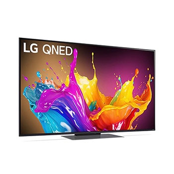 LG QNED86 AI 4K Smart Fernseher aus einer vorderen linken Perspektive, zeigt den Bildschirm mit lebendiger abstrakter Kunst.