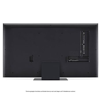 Rückansicht des LG QNED86 AI 4K Smart Fernsehers, zeigt das Design der Rückseite, die Standfußstruktur und den Bereich der Anschlüsse.