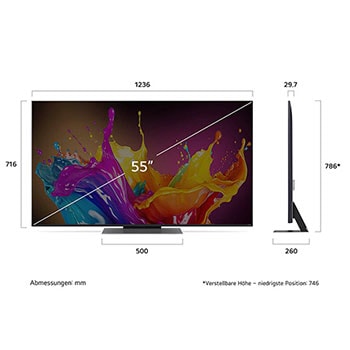 Abmessungen des 55-Zoll LG QNED86 AI 4K Smart Fernsehers, zeigt Breite, Höhe, Tiefe und Standfußmaße in mm.