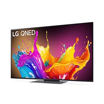 LG QNED86 AI 4K Smart Fernseher aus einer vorderen rechten Perspektive betrachtet, zeigt lebendige Farben auf dem Bildschirm und den Standfuß.