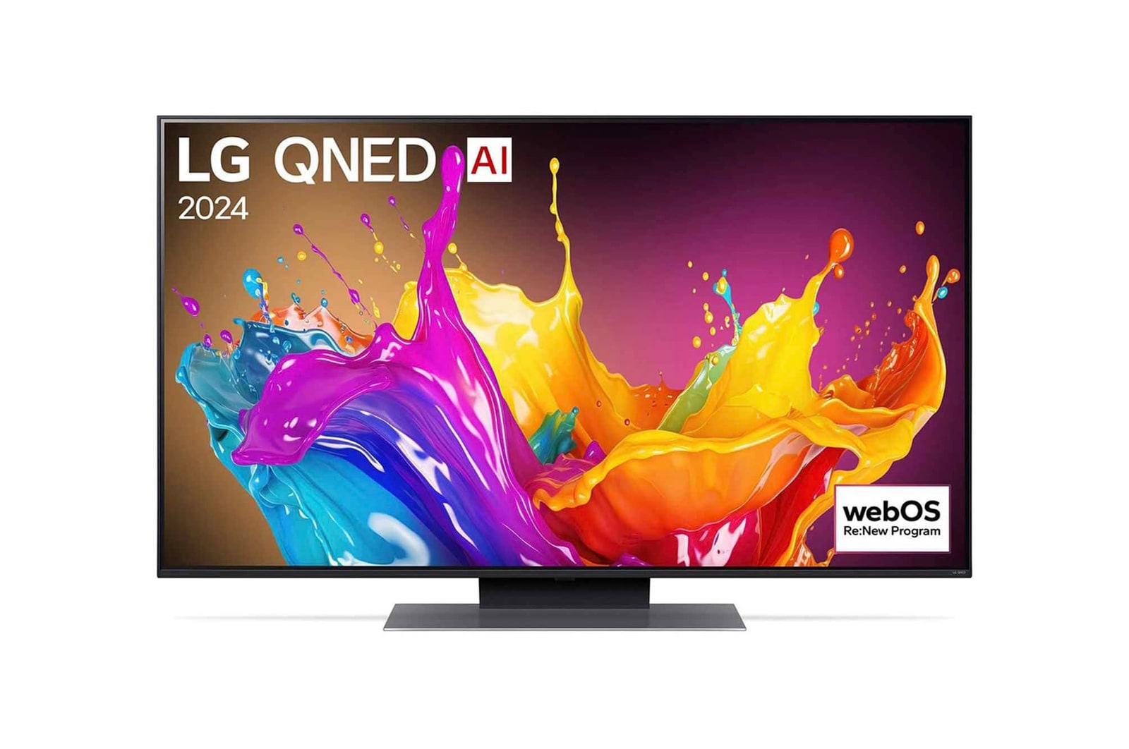 Vorderansicht des LG QNED86 AI 4K Smart Fernsehers (Modell 2024) mit lebendiger abstrakter Kunst und webOS Re:New Program-Logo.