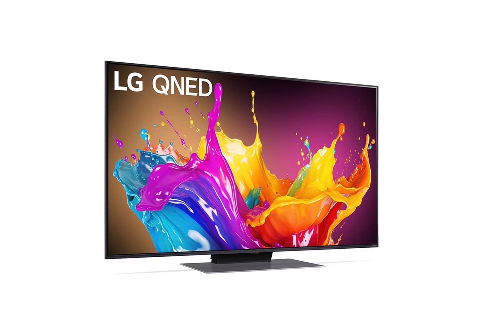 LG QNED86 AI 4K Smart Fernseher aus einer vorderen linken Perspektive, zeigt den Bildschirm mit lebendiger abstrakter Kunst.