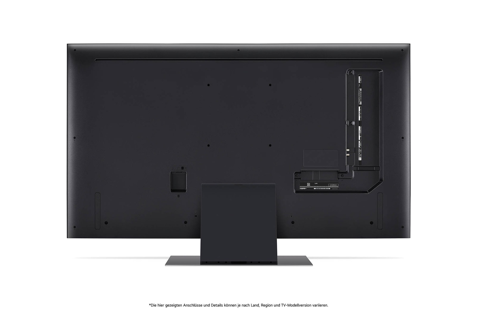 Rückansicht des LG QNED86 AI 4K Smart Fernsehers, zeigt das Design der Rückseite, die Standfußstruktur und den Bereich der Anschlüsse.