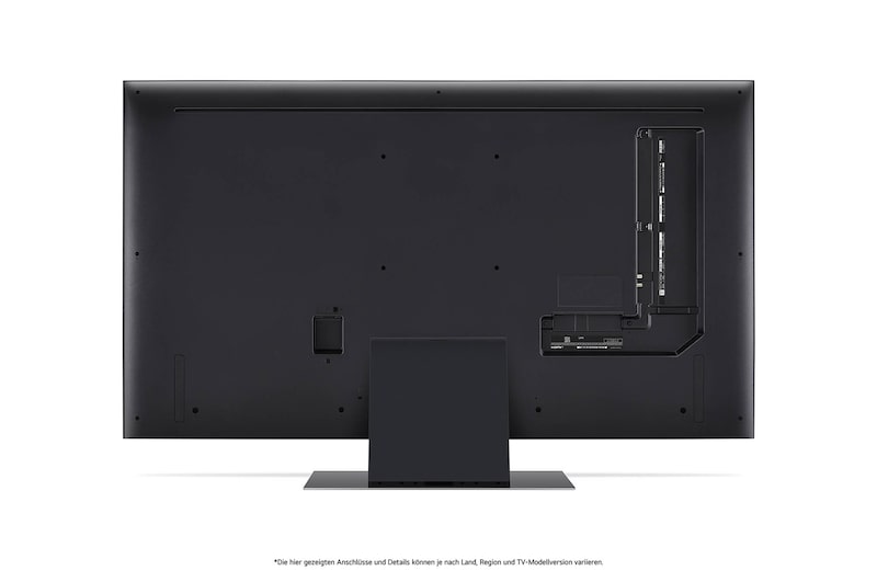 Rückansicht des LG QNED86 AI 4K Smart Fernsehers, zeigt das Design der Rückseite, die Standfußstruktur und den Bereich der Anschlüsse.