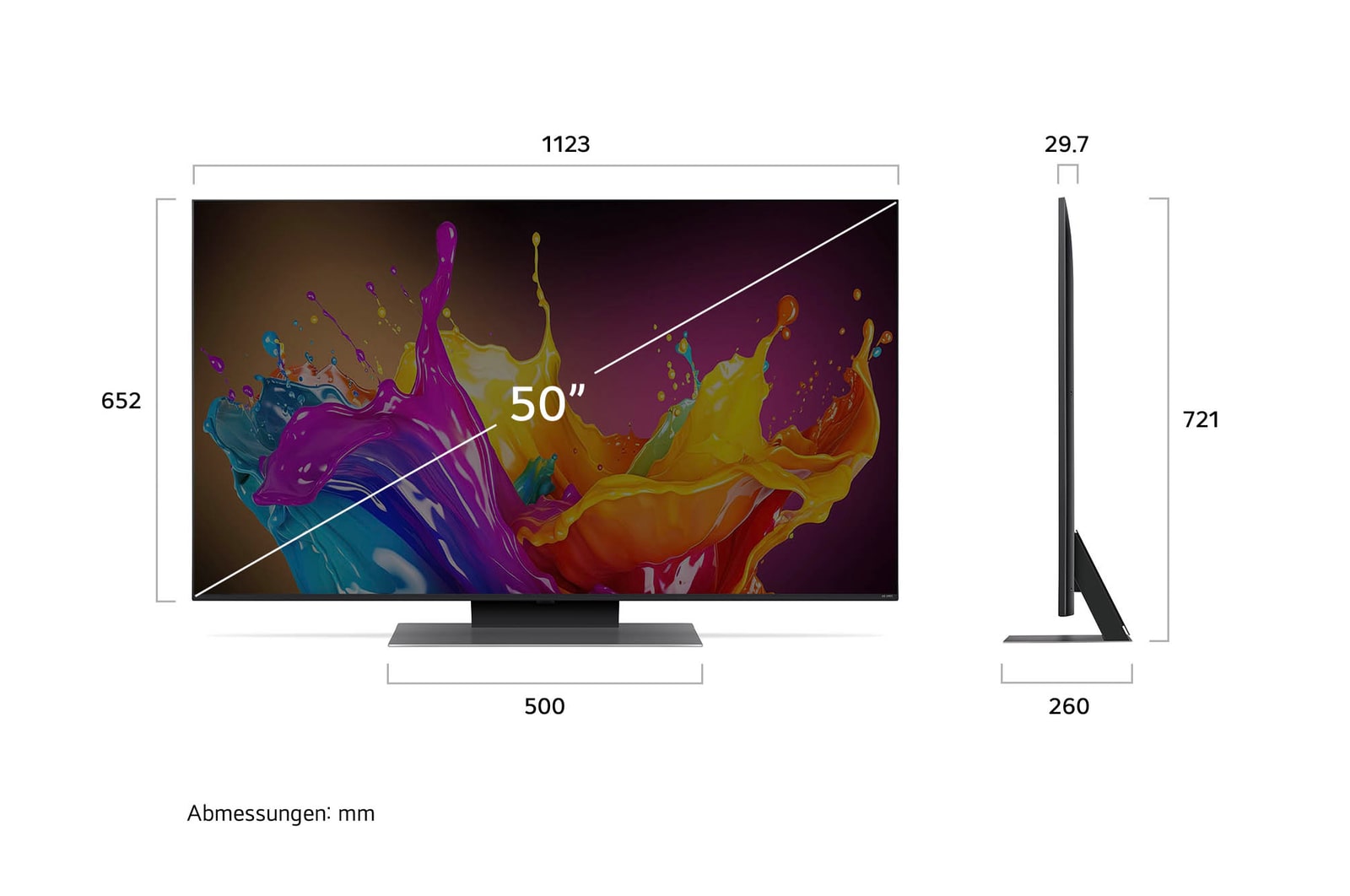 Abmessungen des 50-Zoll LG QNED86 AI 4K Smart Fernsehers, zeigt Breite, Höhe, Tiefe und Standfußmaße in mm.
