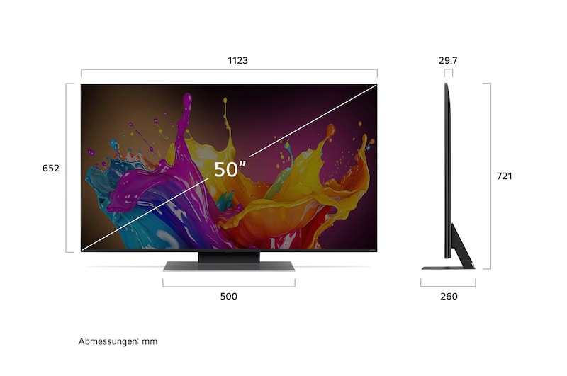 Abmessungen des 50-Zoll LG QNED86 AI 4K Smart Fernsehers, zeigt Breite, Höhe, Tiefe und Standfußmaße in mm.