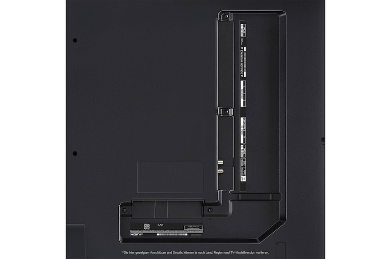 Nahaufnahme der Anschlüsse des LG QNED86 AI 4K Smart Fernsehers, einschließlich HDMI, USB, Antenne, CI-Slot und LAN.