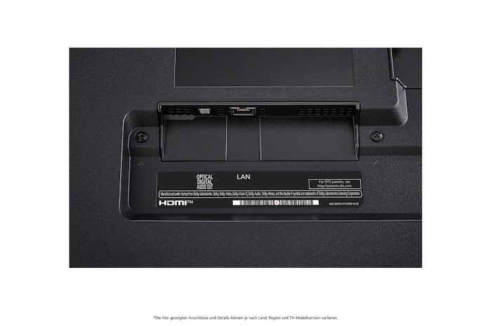 Nahaufnahme des optischen digitalen Audioausgangs und des LAN-Anschlusses auf der Rückseite des LG QNED86 AI 4K Smart Fernsehers.