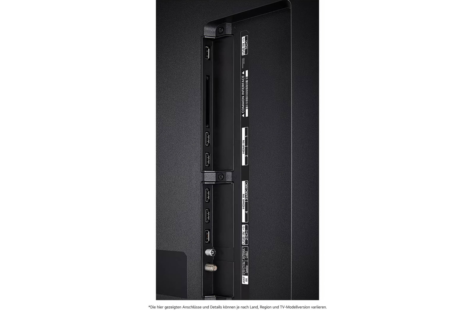 Detaillierte Nahaufnahme der seitlichen Anschlüsse des LG QNED86 AI 4K Smart Fernsehers, zeigt HDMI (eARC), USB und Antenneneingänge.