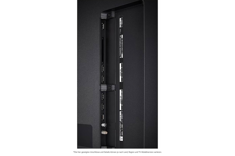 Detaillierte Nahaufnahme der seitlichen Anschlüsse des LG QNED86 AI 4K Smart Fernsehers, zeigt HDMI (eARC), USB und Antenneneingänge.