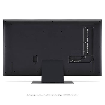 Rückansicht des LG QNED86 AI 4K Smart Fernsehers, zeigt das Design der Rückseite, die Standfußstruktur und den Bereich der Anschlüsse.