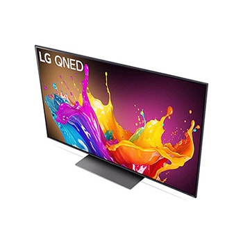 Ansicht des LG QNED86 AI 4K Smart Fernsehers aus hoher Perspektive, von oben auf Bildschirm und Standfuß blickend.