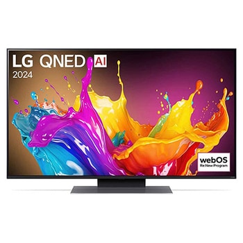 Vorderansicht des LG QNED86 AI 4K Smart Fernsehers (Modell 2024) mit lebendiger abstrakter Kunst und webOS Re:New Program-Logo.